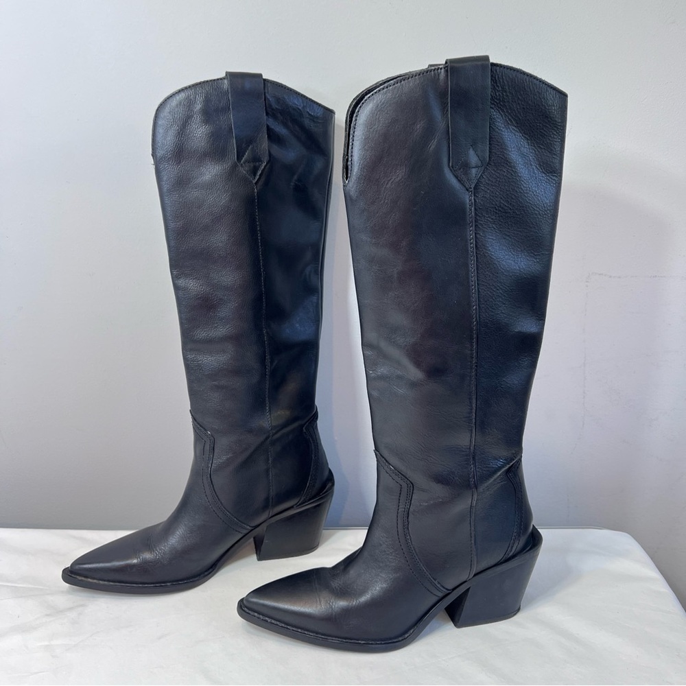 Mango black leather knee high block heel cowgirl boots size 37